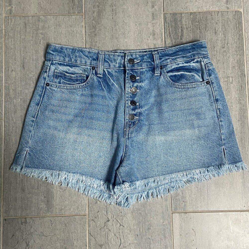 Hidden Jeans Button Fly High Waist Frayed Hem Side Split Denim Shorts Size Large